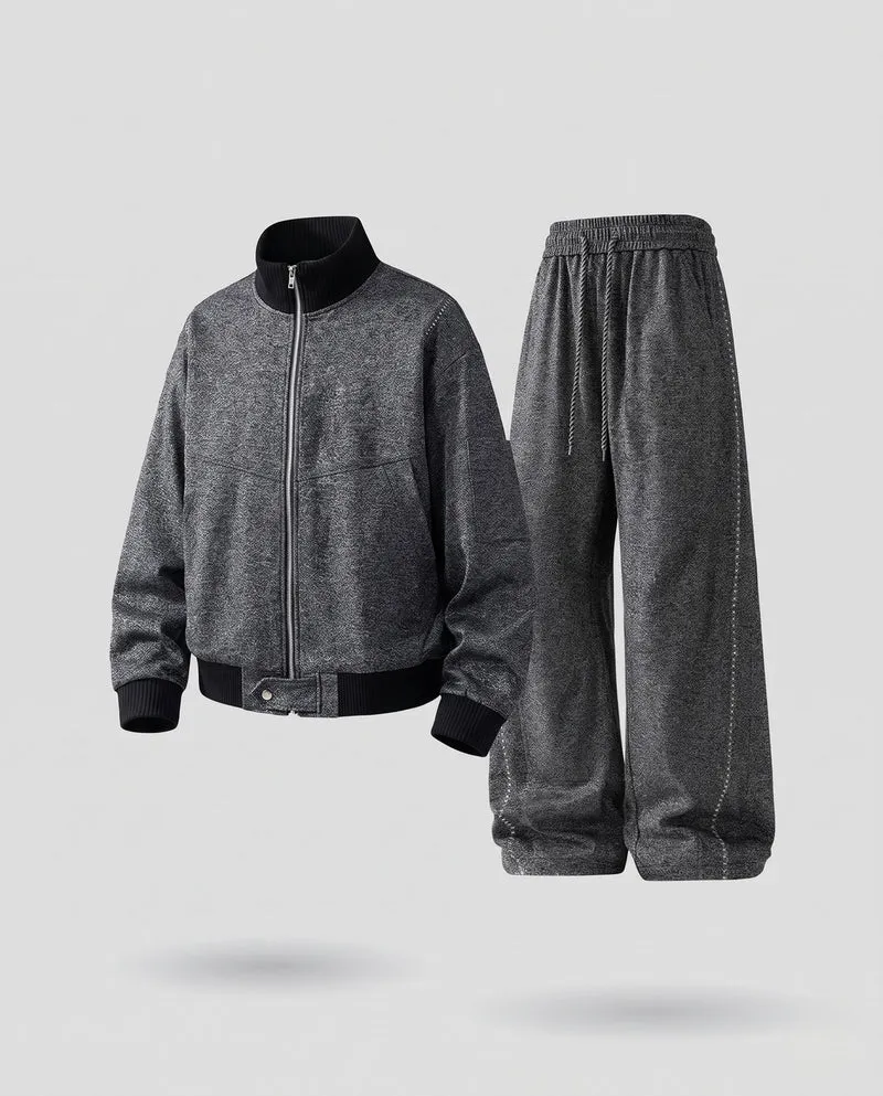 Herren Oversized Bomberjacke mit Reißverschluss & lockeren Kordelzug Jogginghosen Nord Taschen