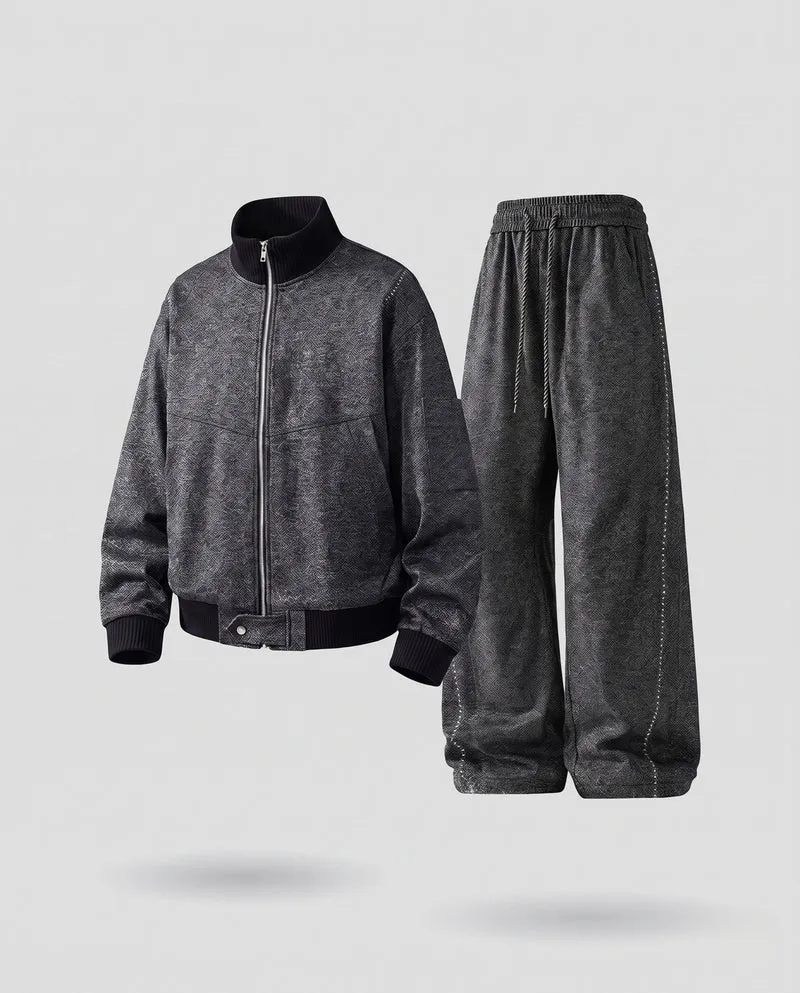 Herren Oversized Bomberjacke mit Reißverschluss & lockeren Kordelzug Jogginghosen Nord Taschen
