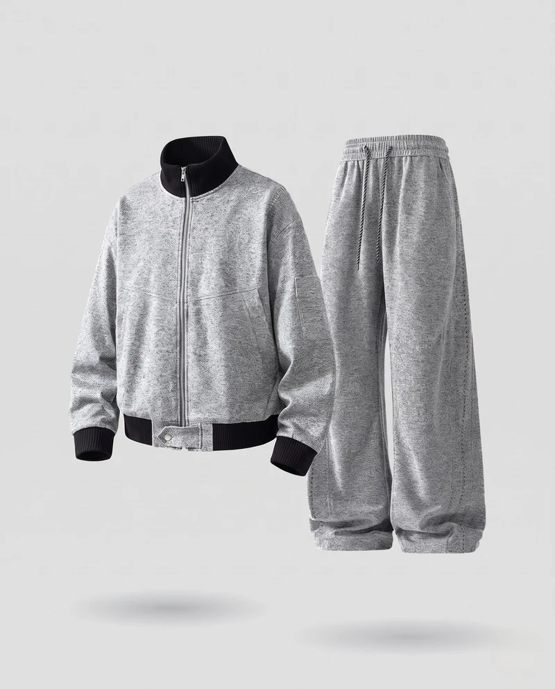 Herren Oversized Bomberjacke mit Reißverschluss & lockeren Kordelzug Jogginghosen Nord Taschen