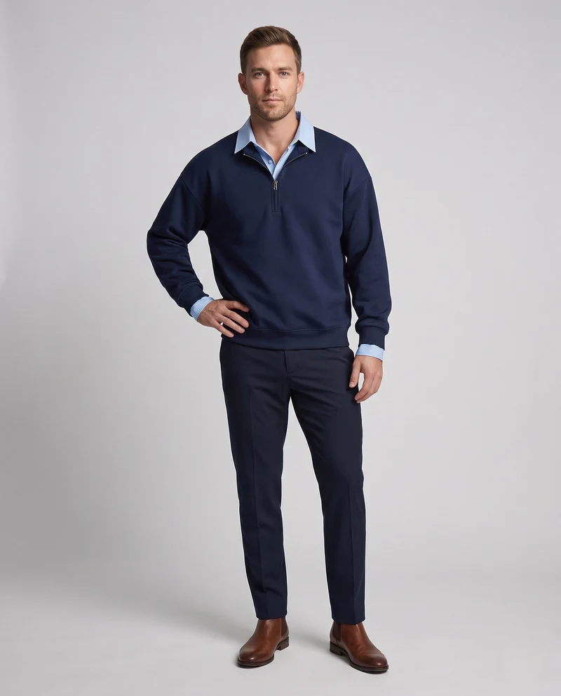 Männer Oversize Halb-Reißverschluss Sweatshirt mit geschichtetem Kragen und gerippten Bündchen Nord Taschen