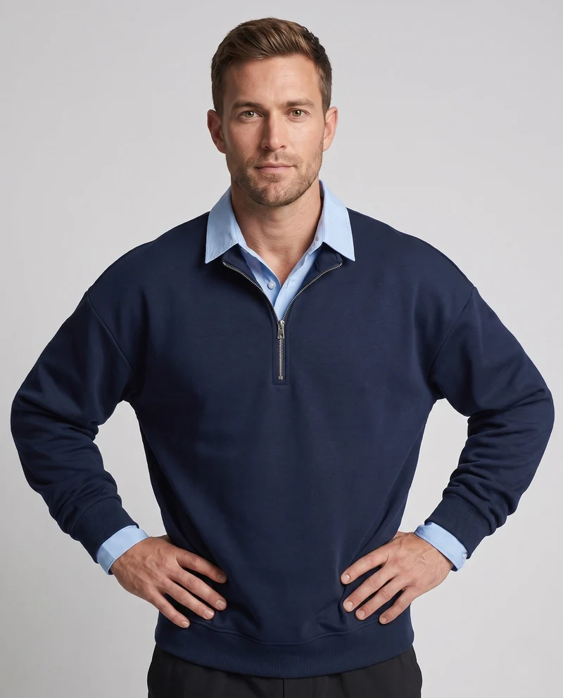 Männer Oversize Halb-Reißverschluss Sweatshirt mit geschichtetem Kragen und gerippten Bündchen Nord Taschen