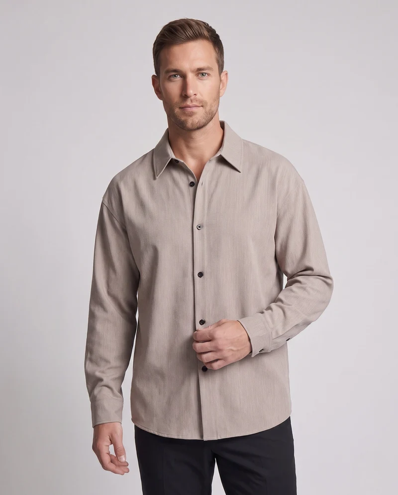 Herren Oversized-Shirt im Leinen-Look mit kastigem Schnitt, verdeckter Knopfleiste und langen Manschetten Nord Taschen