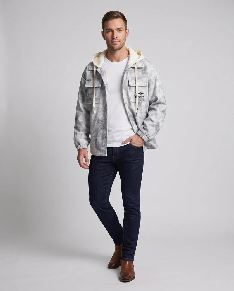 Herren Oversize Shirtjacke im Cabana-Stil mit Kapuze und Utility-Taschen Nord Taschen