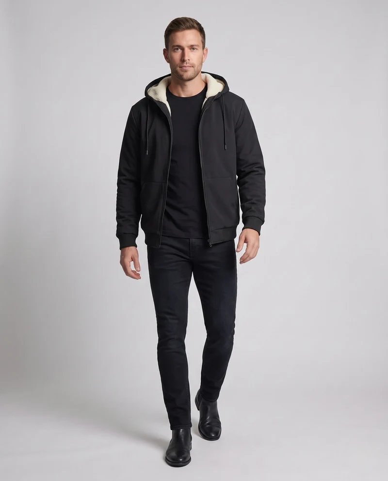 Herren gepolsterte Kapuzenjacke mit Teddy-Futter, wasserabweisende Außenschale und elastischen Bündchen Nord Taschen
