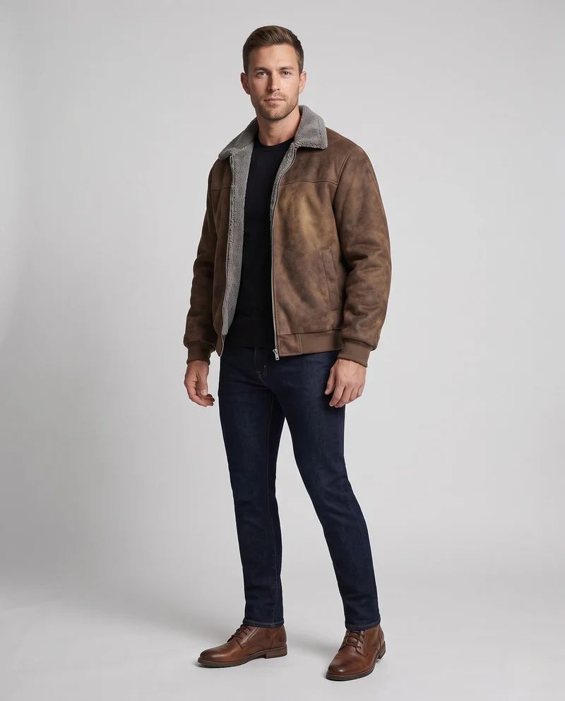 Herren gepolsterte Wildleder-Optik Bomberjacke mit Teddy-Futter & Hemdkragen Nord Taschen
