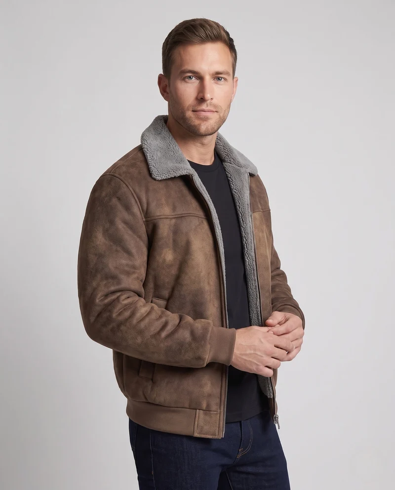 Herren gepolsterte Wildleder-Optik Bomberjacke mit Teddy-Futter & Hemdkragen Nord Taschen