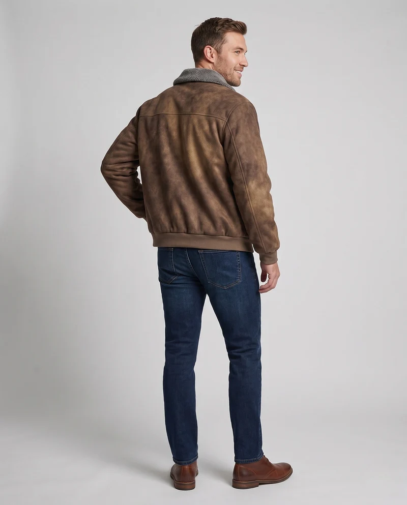 Herren gepolsterte Wildleder-Optik Bomberjacke mit Teddy-Futter & Hemdkragen Nord Taschen