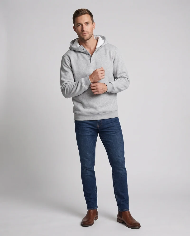 Männer gepolsterter Hoodie mit Teddyfutter, Druckknopf-V-Kante & Rippbündchen Nord Taschen