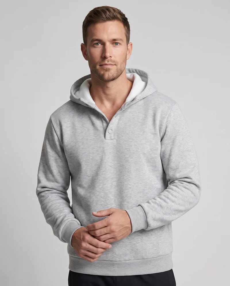 Männer gepolsterter Hoodie mit Teddyfutter, Druckknopf-V-Kante & Rippbündchen Nord Taschen