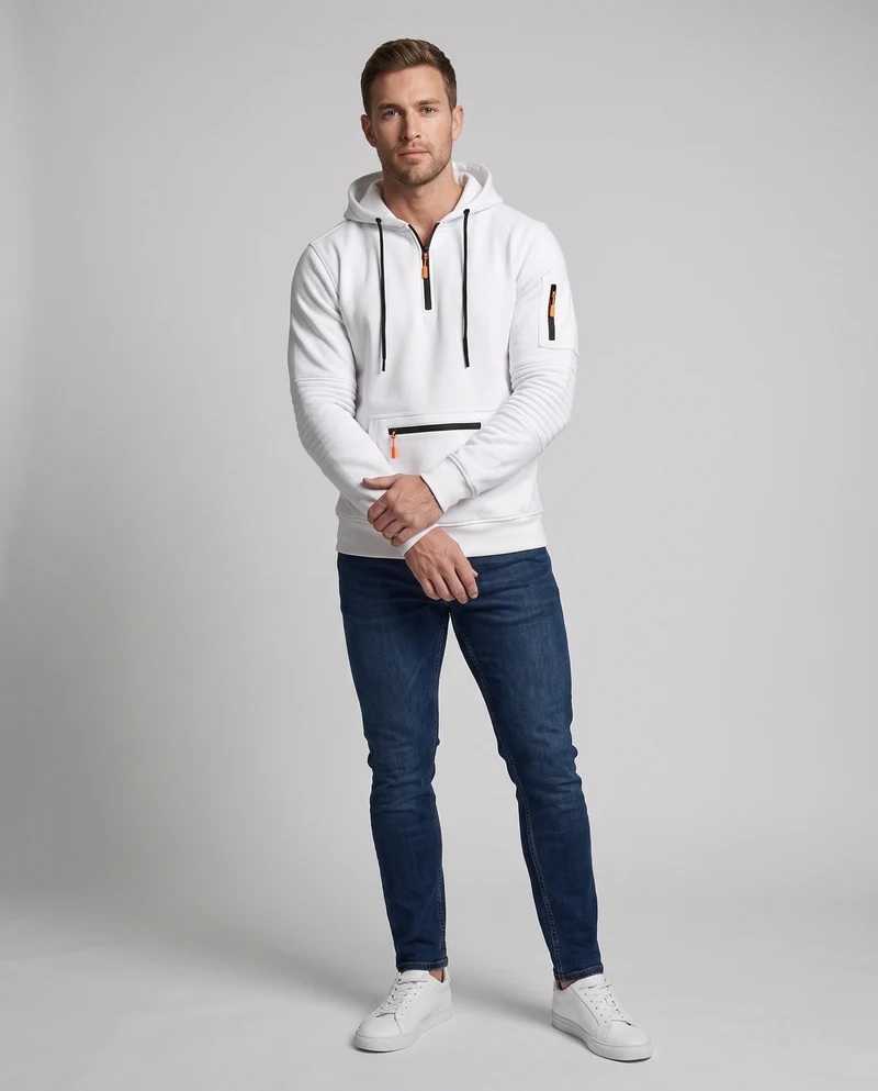 Herren Oversize Fleece Hoodie mit halbem Frontreißverschluss, Reißverschluss-Kängurutasche und Ärmel Tasche Nord Taschen