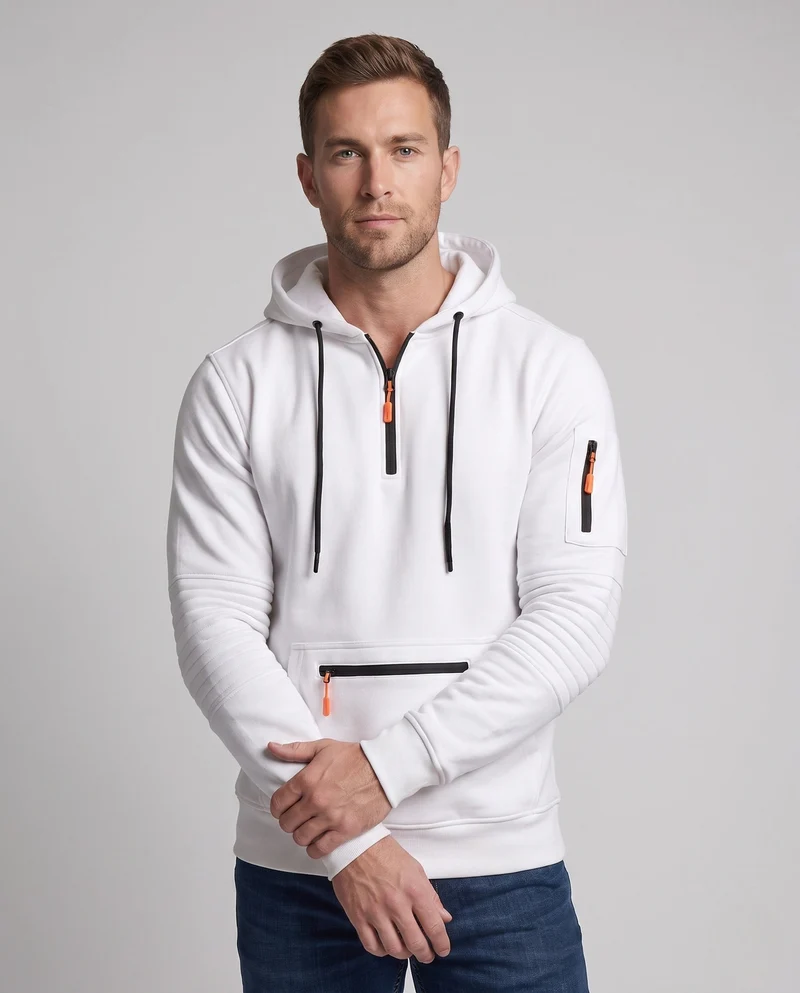 Herren Oversize Fleece Hoodie mit halbem Frontreißverschluss, Reißverschluss-Kängurutasche und Ärmel Tasche Nord Taschen