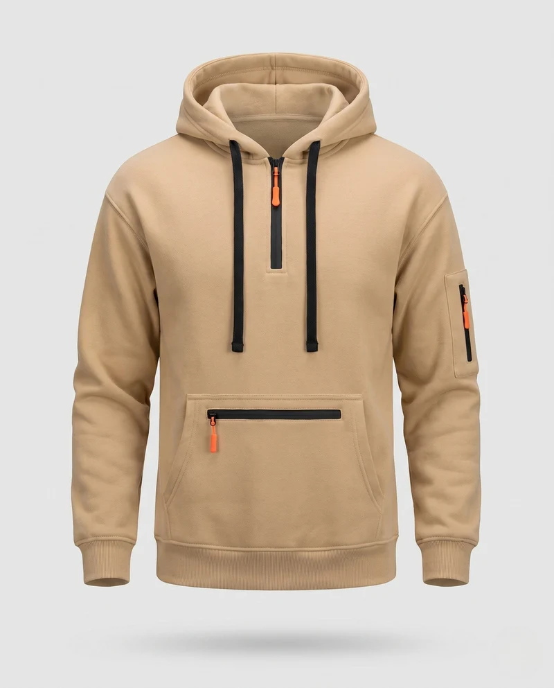 Herren Oversize Fleece Hoodie mit halbem Frontreißverschluss, Reißverschluss-Kängurutasche und Ärmel Tasche Nord Taschen