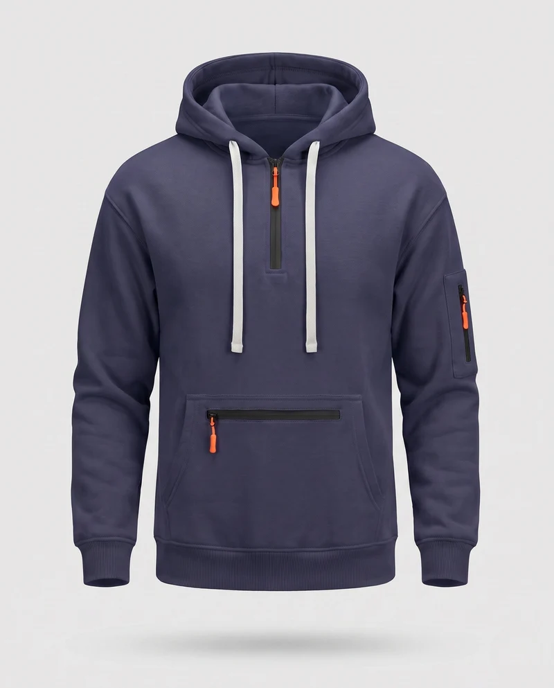 Herren Oversize Fleece Hoodie mit halbem Frontreißverschluss, Reißverschluss-Kängurutasche und Ärmel Tasche Nord Taschen