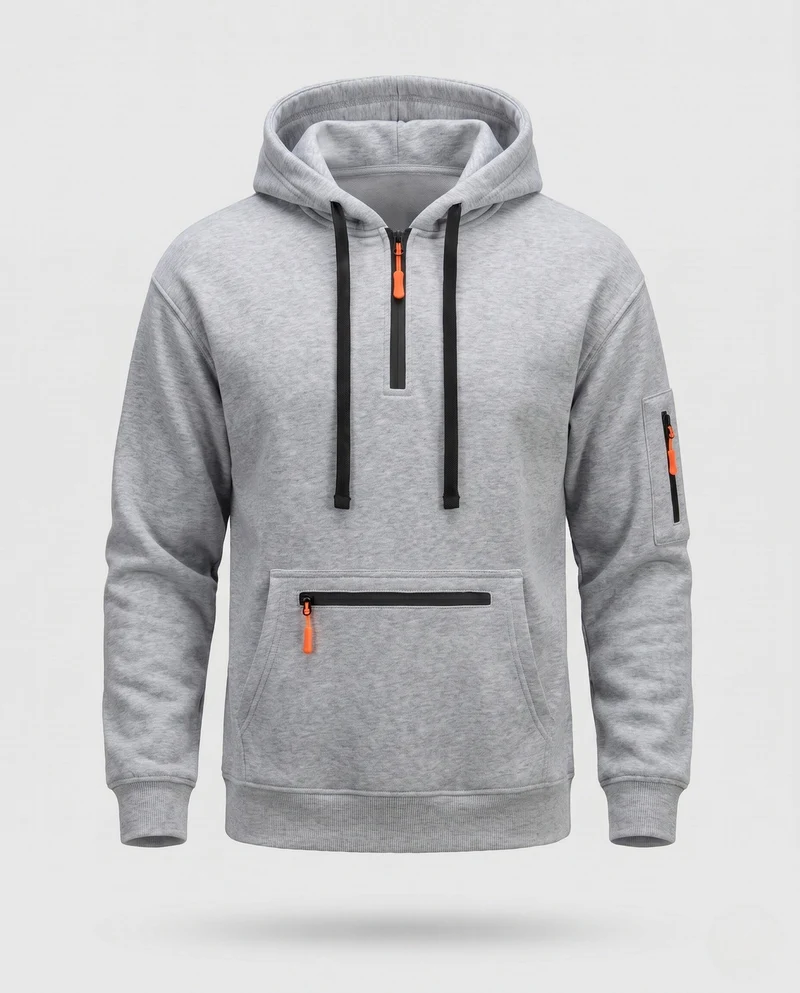 Herren Oversize Fleece Hoodie mit halbem Frontreißverschluss, Reißverschluss-Kängurutasche und Ärmel Tasche Nord Taschen