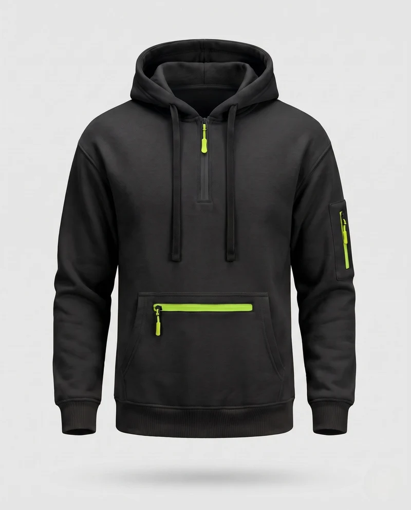 Herren Oversize Fleece Hoodie mit halbem Frontreißverschluss, Reißverschluss-Kängurutasche und Ärmel Tasche Nord Taschen