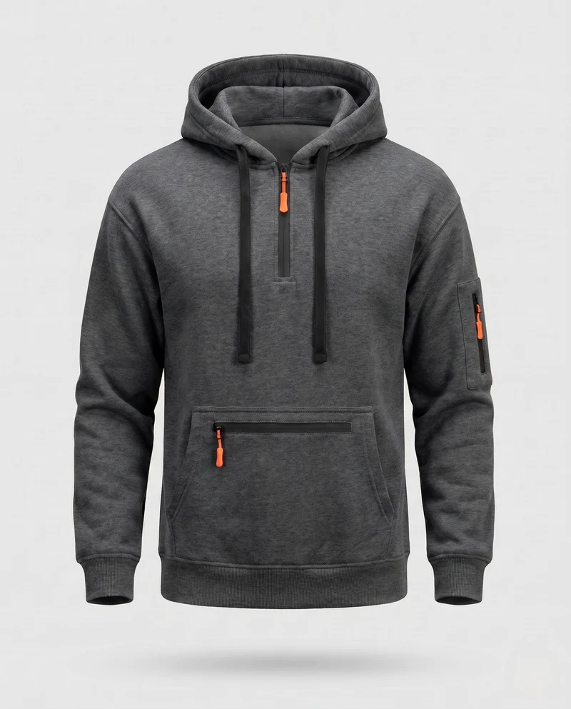 Herren Oversize Fleece Hoodie mit halbem Frontreißverschluss, Reißverschluss-Kängurutasche und Ärmel Tasche Nord Taschen