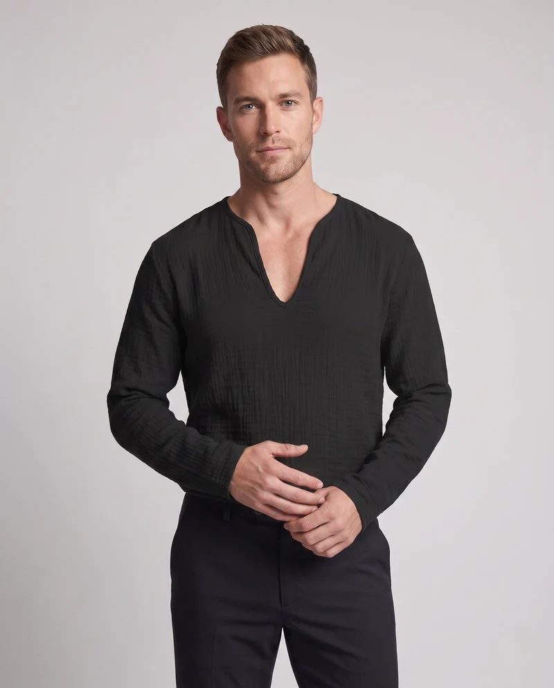 Herren Lose Leinenlook Langarmshirt mit Tiefem V-Ausschnitt und Strukturiertem Look Nord Taschen
