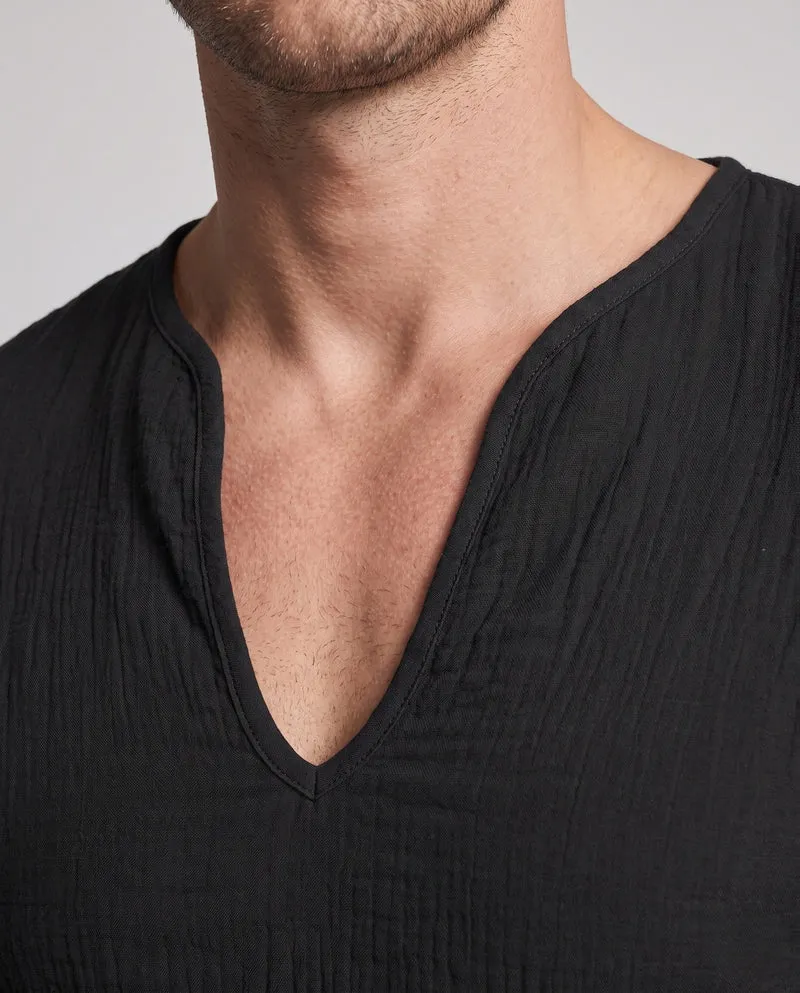 Herren Lose Leinenlook Langarmshirt mit Tiefem V-Ausschnitt und Strukturiertem Look Nord Taschen