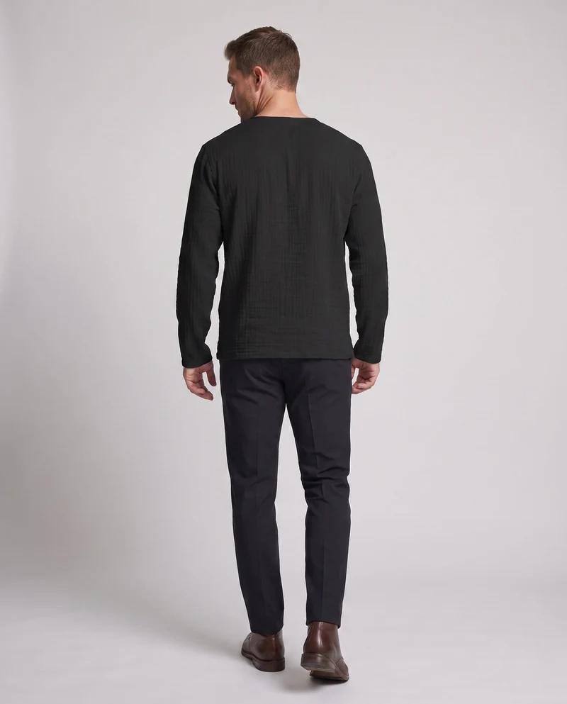 Herren Lose Leinenlook Langarmshirt mit Tiefem V-Ausschnitt und Strukturiertem Look Nord Taschen