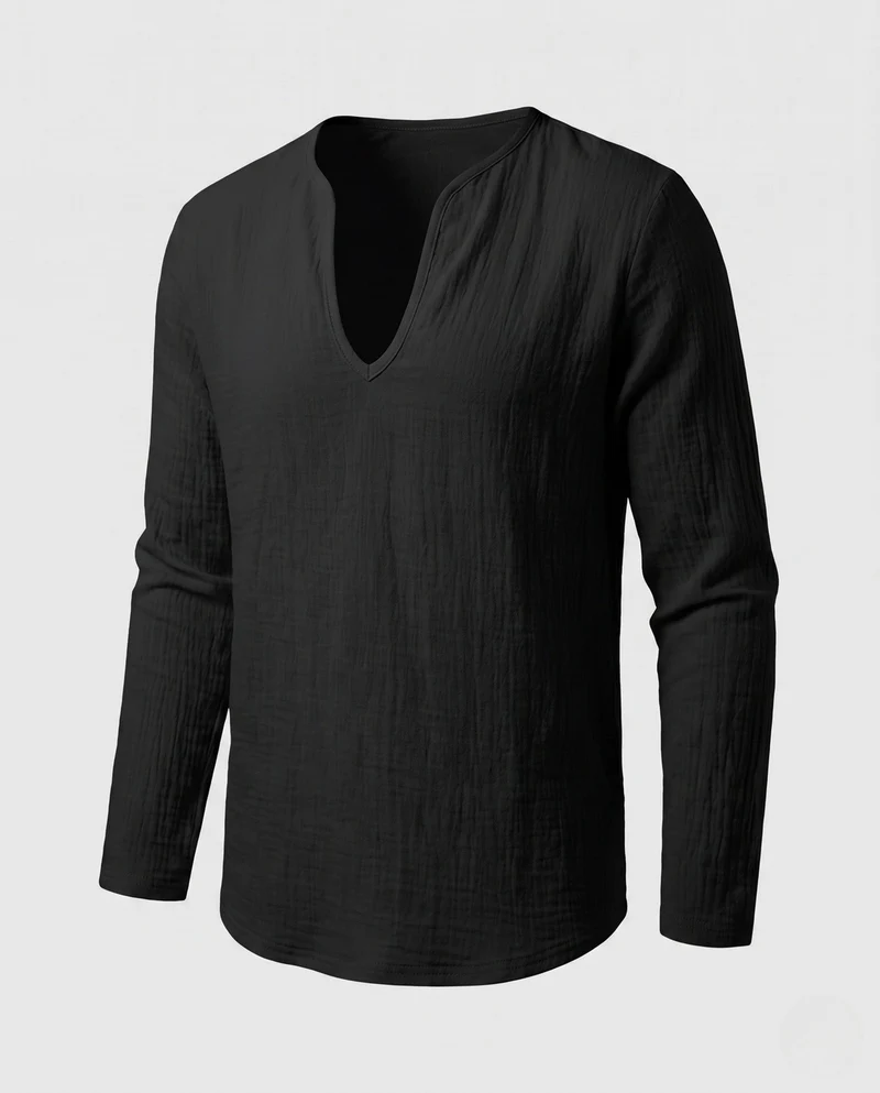 Herren Lose Leinenlook Langarmshirt mit Tiefem V-Ausschnitt und Strukturiertem Look Nord Taschen