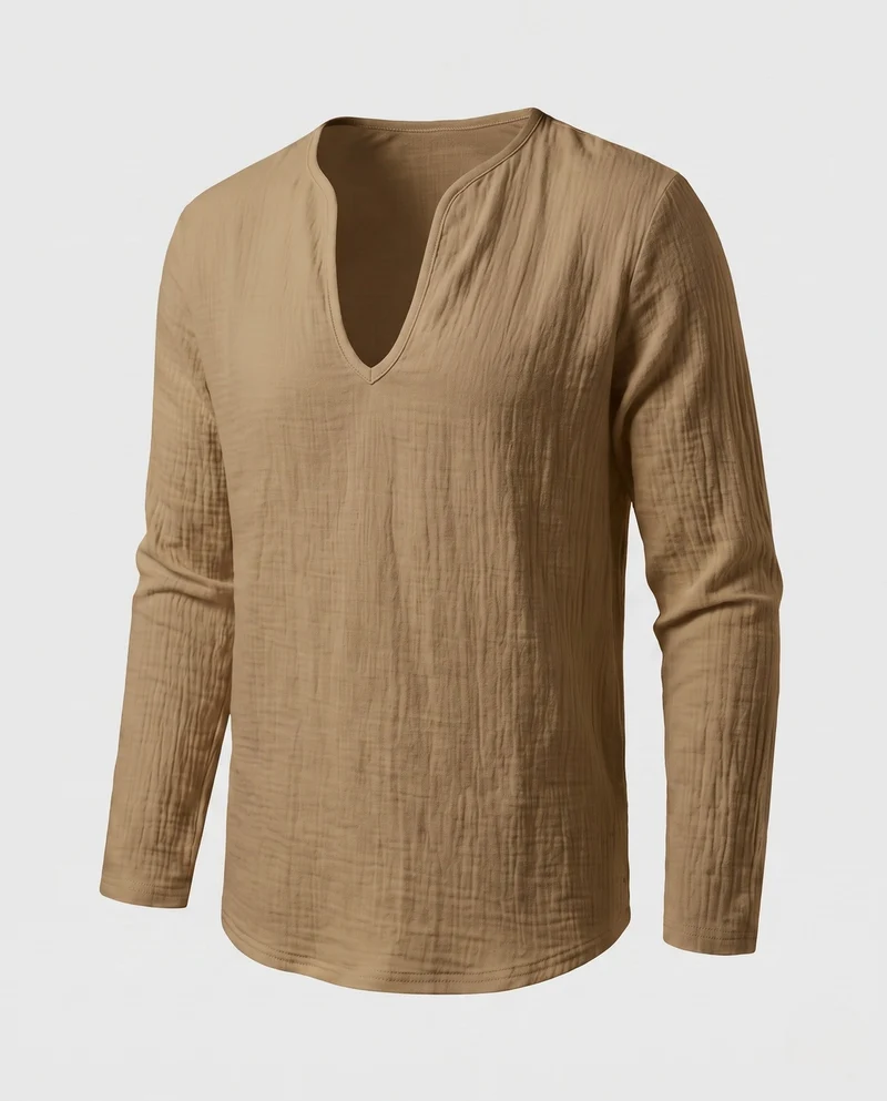 Herren Lose Leinenlook Langarmshirt mit Tiefem V-Ausschnitt und Strukturiertem Look Nord Taschen