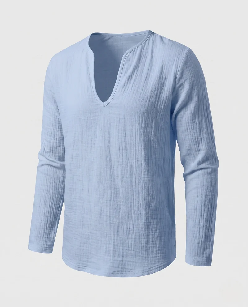 Herren Lose Leinenlook Langarmshirt mit Tiefem V-Ausschnitt und Strukturiertem Look Nord Taschen