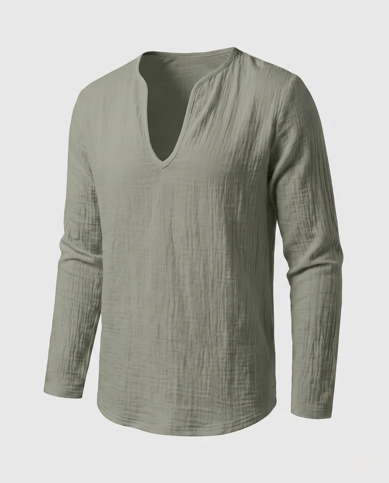Herren Lose Leinenlook Langarmshirt mit Tiefem V-Ausschnitt und Strukturiertem Look Nord Taschen