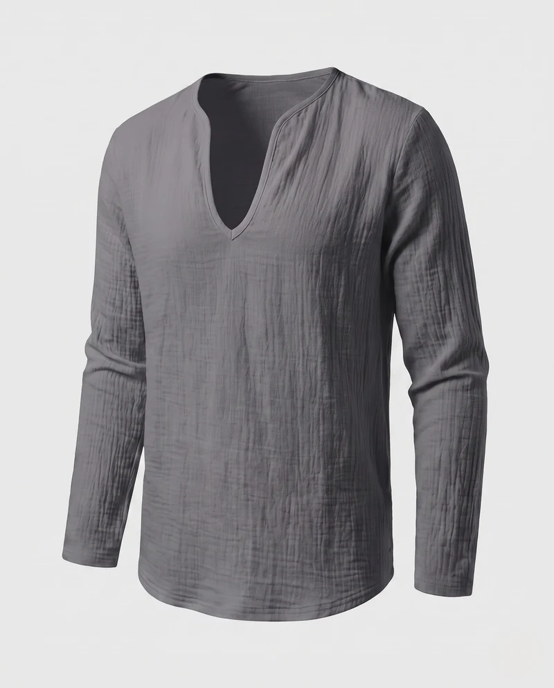Herren Lose Leinenlook Langarmshirt mit Tiefem V-Ausschnitt und Strukturiertem Look Nord Taschen