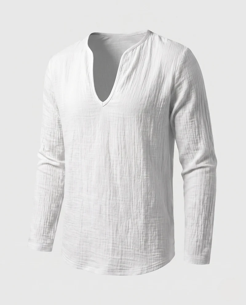 Herren Lose Leinenlook Langarmshirt mit Tiefem V-Ausschnitt und Strukturiertem Look Nord Taschen
