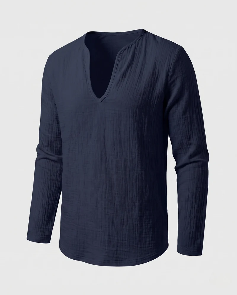 Herren Lose Leinenlook Langarmshirt mit Tiefem V-Ausschnitt und Strukturiertem Look Nord Taschen