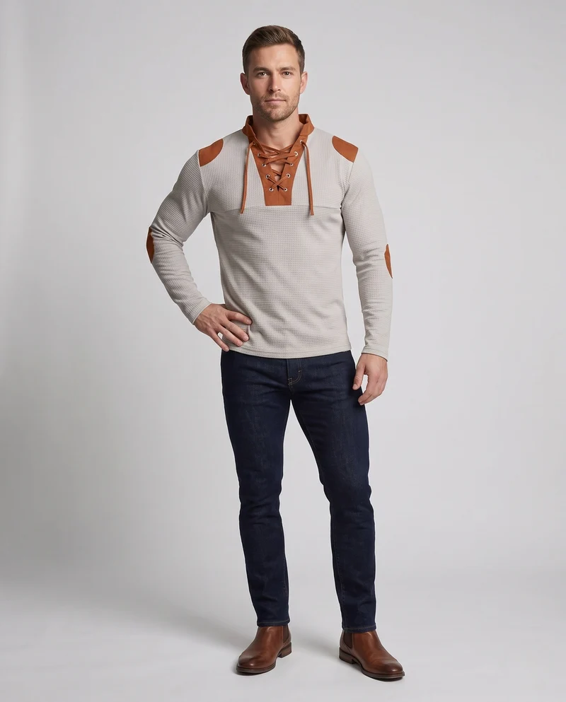 Herren lockere langärmlige Waffelshirt mit Schnürkragen und Ellbogenpatches Nord Taschen