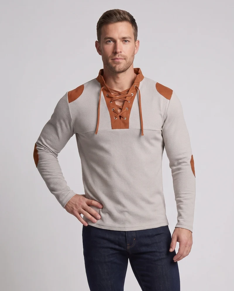 Herren lockere langärmlige Waffelshirt mit Schnürkragen und Ellbogenpatches Nord Taschen