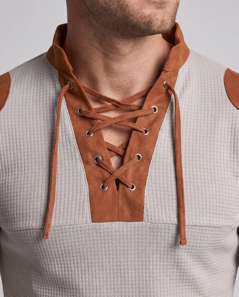 Herren lockere langärmlige Waffelshirt mit Schnürkragen und Ellbogenpatches Nord Taschen