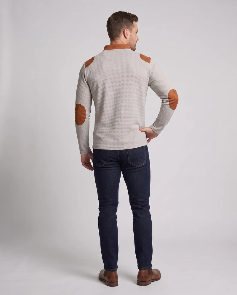 Herren lockere langärmlige Waffelshirt mit Schnürkragen und Ellbogenpatches Nord Taschen