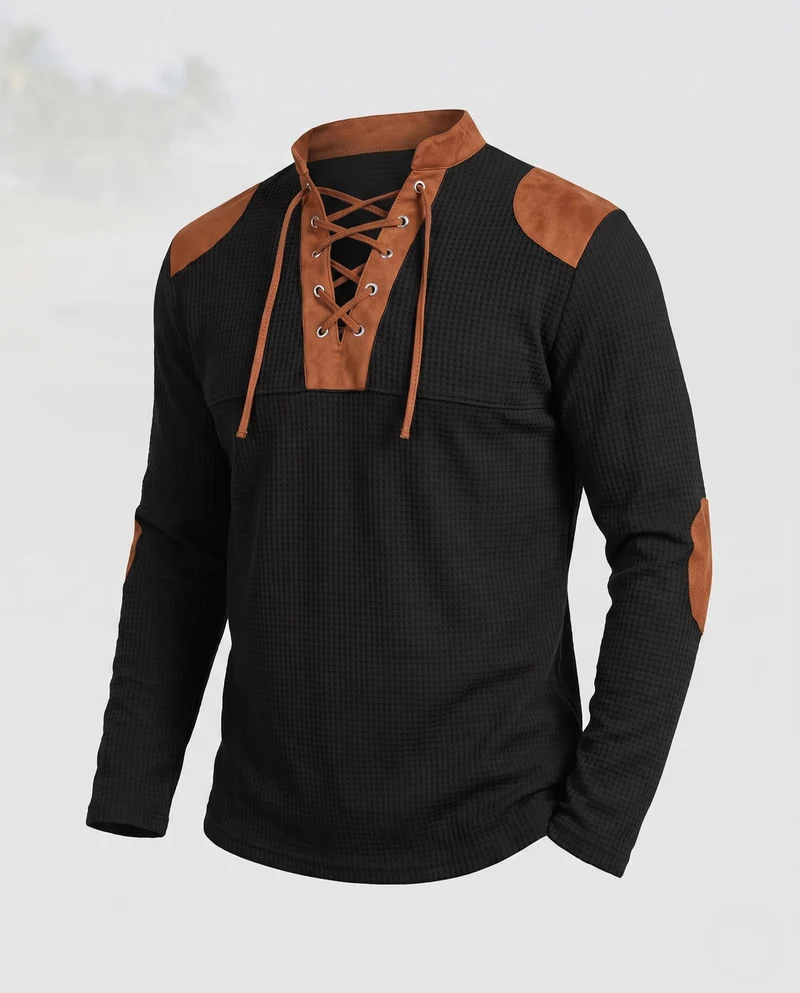 Herren lockere langärmlige Waffelshirt mit Schnürkragen und Ellbogenpatches Nord Taschen