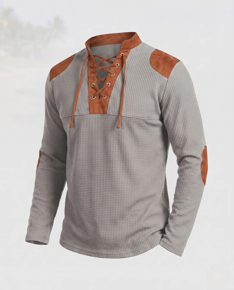 Herren lockere langärmlige Waffelshirt mit Schnürkragen und Ellbogenpatches Nord Taschen