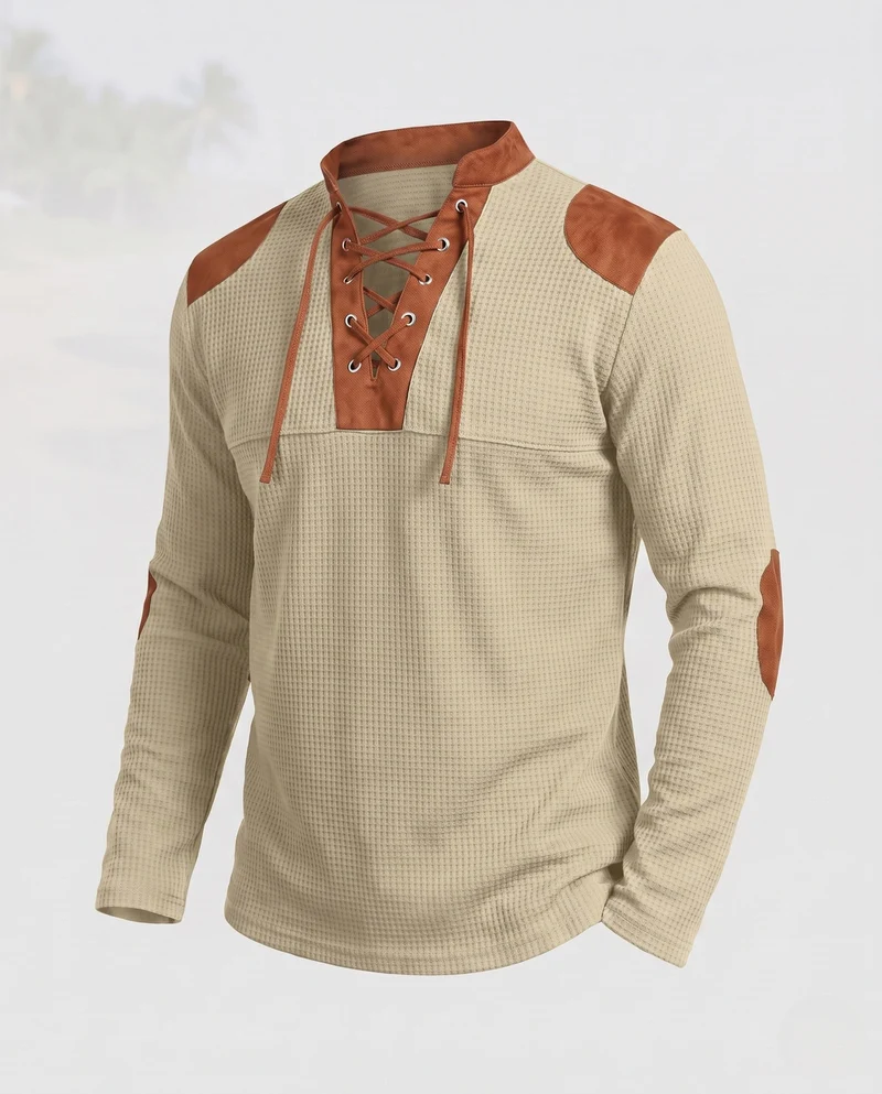 Herren lockere langärmlige Waffelshirt mit Schnürkragen und Ellbogenpatches Nord Taschen
