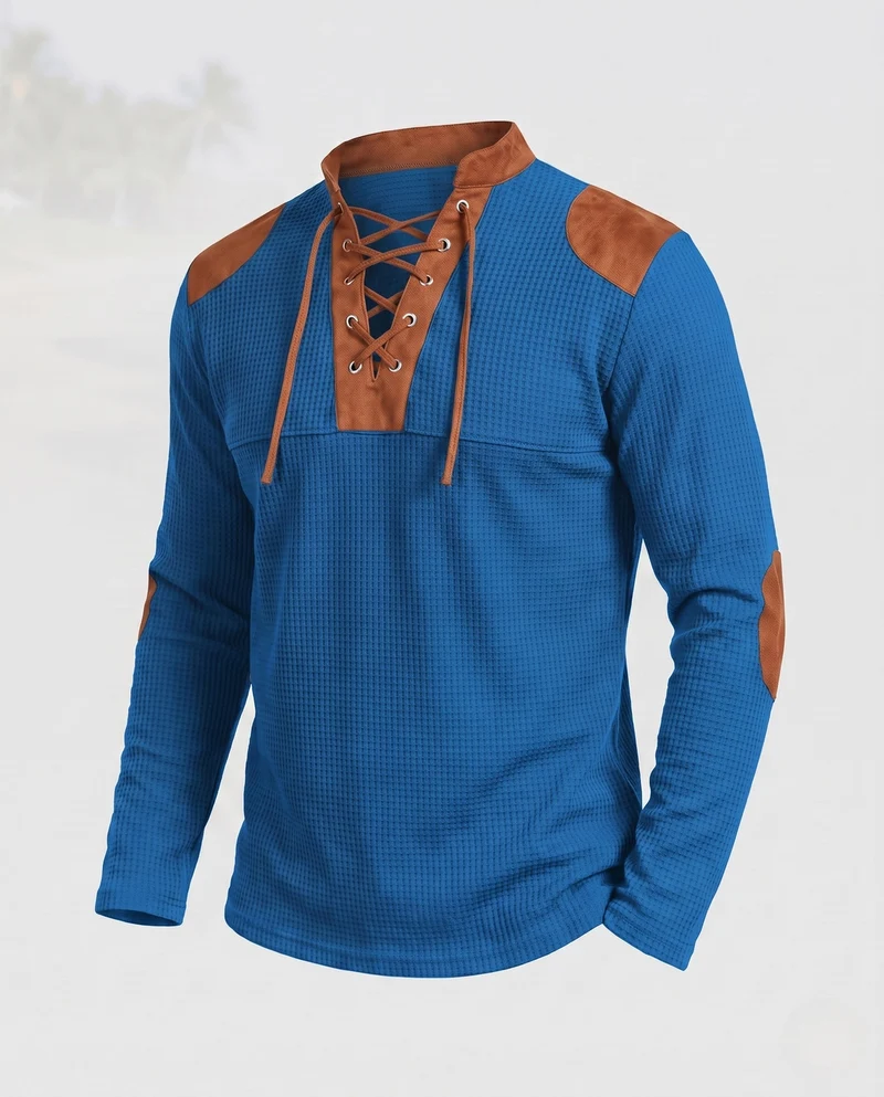 Herren lockere langärmlige Waffelshirt mit Schnürkragen und Ellbogenpatches Nord Taschen