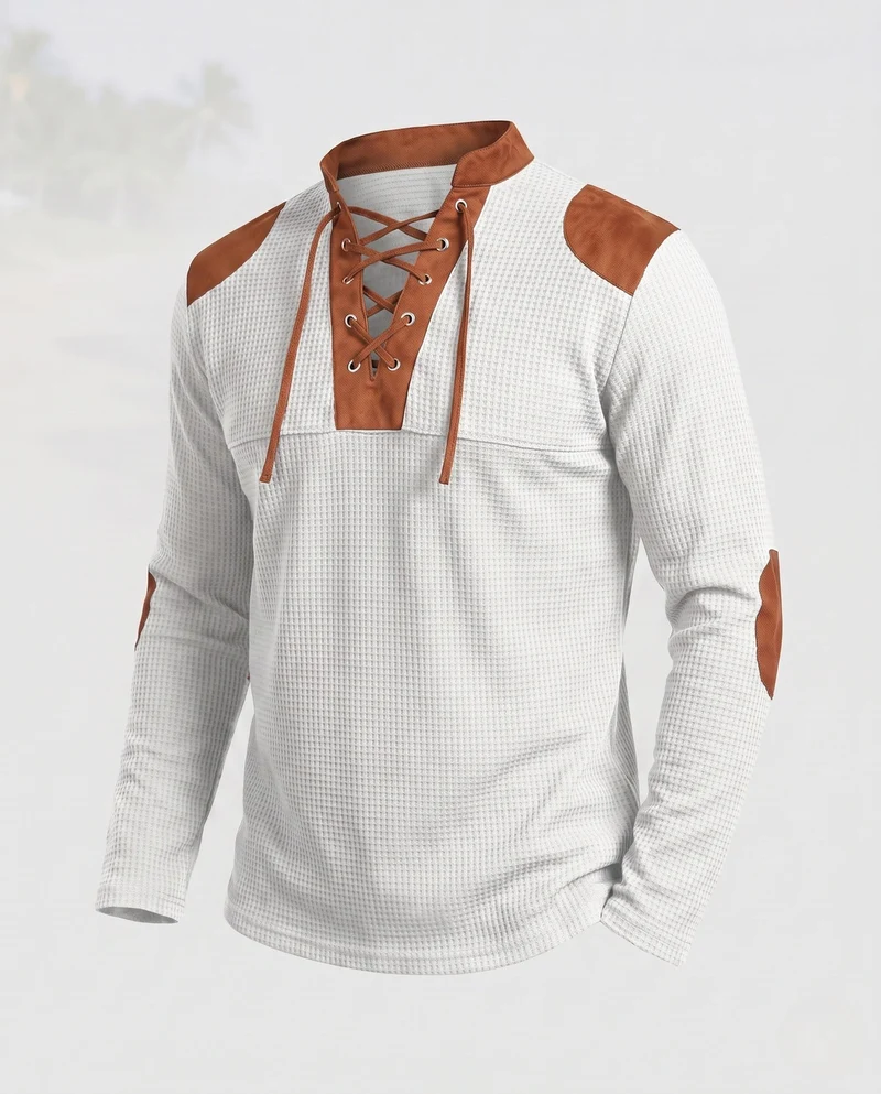 Herren lockere langärmlige Waffelshirt mit Schnürkragen und Ellbogenpatches Nord Taschen