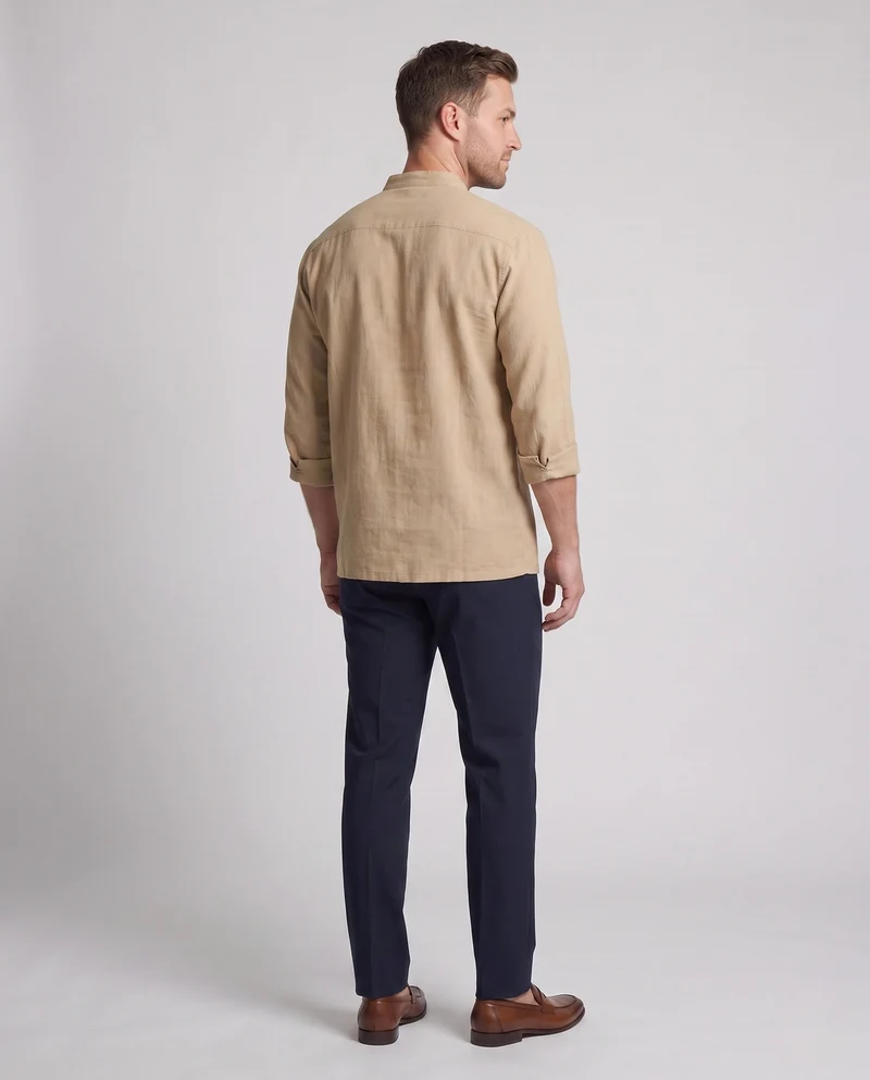 Herren Leinenlook Mandarin Hemd mit Holzknopfverschluss und Palmstickerei Nord Taschen