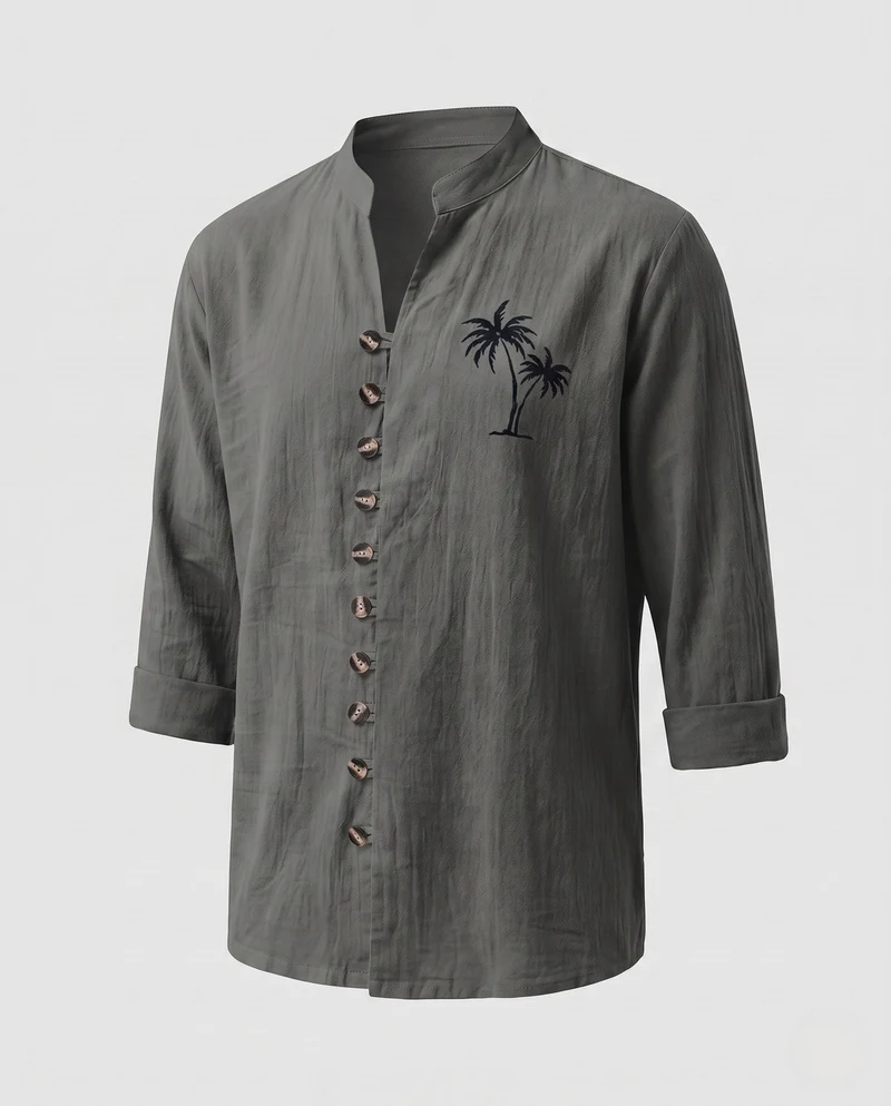 Herren Leinenlook Mandarin Hemd mit Holzknopfverschluss und Palmstickerei Nord Taschen