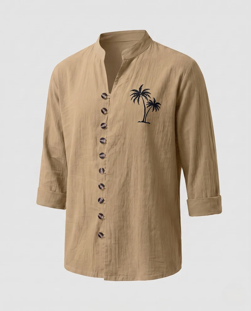 Herren Leinenlook Mandarin Hemd mit Holzknopfverschluss und Palmstickerei Nord Taschen