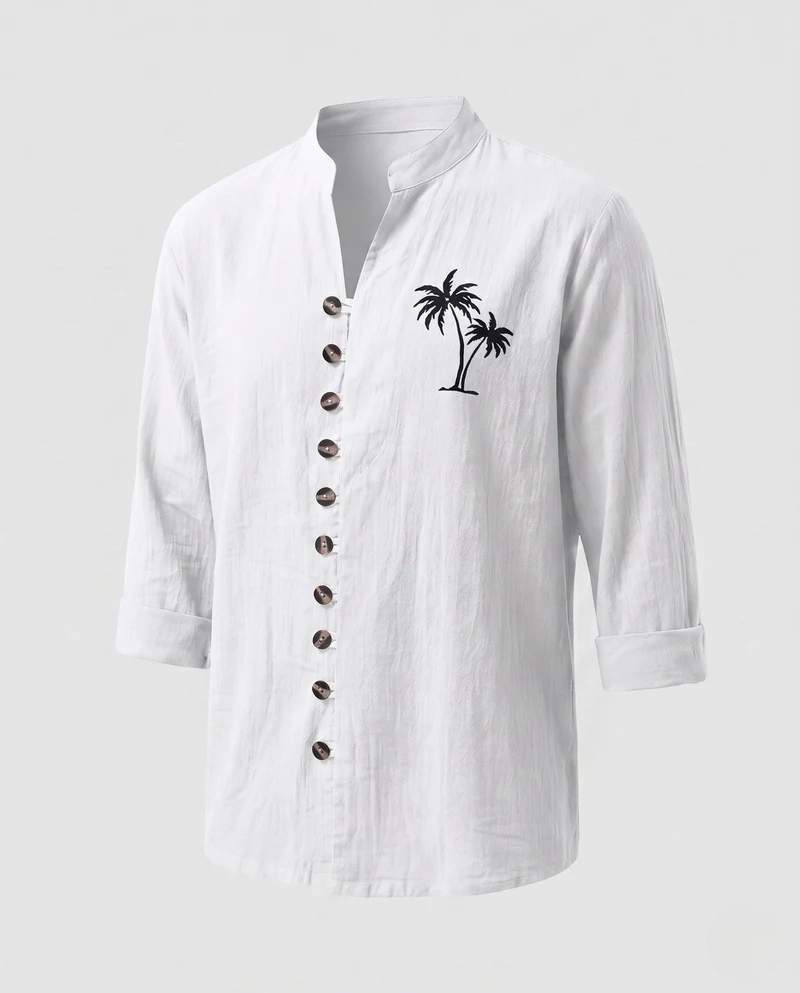 Herren Leinenlook Mandarin Hemd mit Holzknopfverschluss und Palmstickerei Nord Taschen