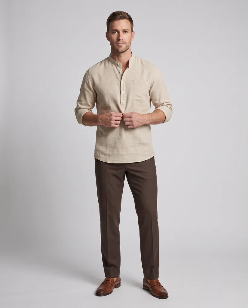Herren Leichte Stehkragen Henley Shirt aus Leinenmischung mit Brusttasche Nord Taschen