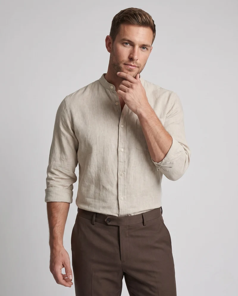Herren Leichte Stehkragen Henley Shirt aus Leinenmischung mit Brusttasche Nord Taschen