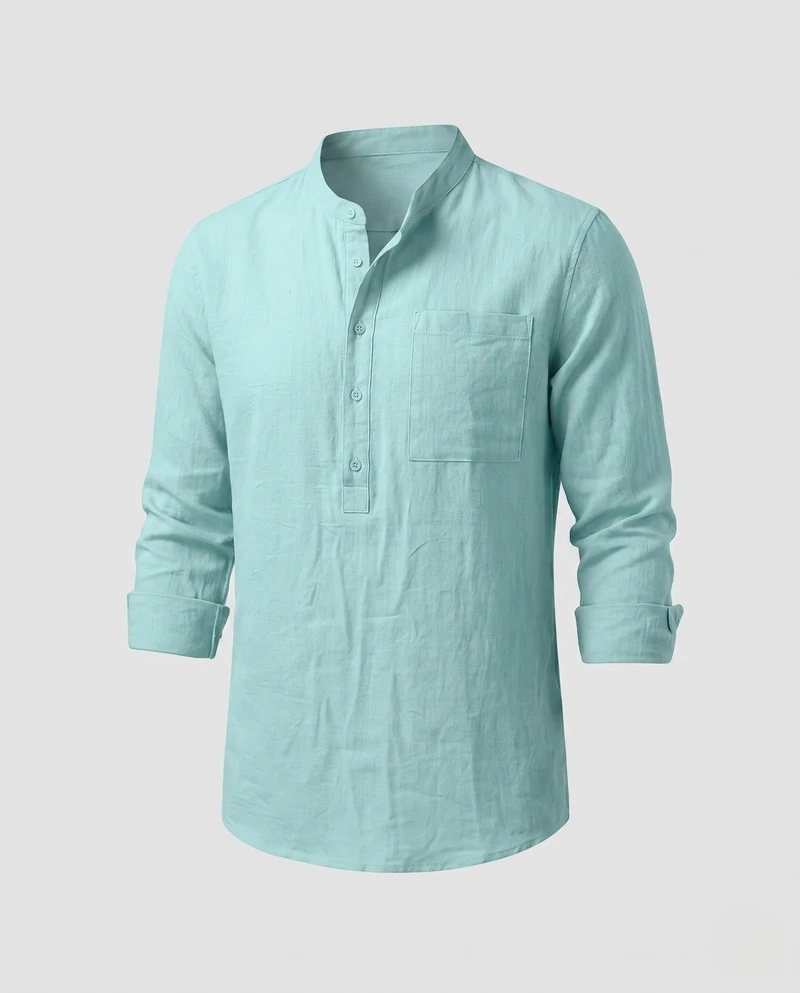 Herren Leichte Stehkragen Henley Shirt aus Leinenmischung mit Brusttasche Nord Taschen