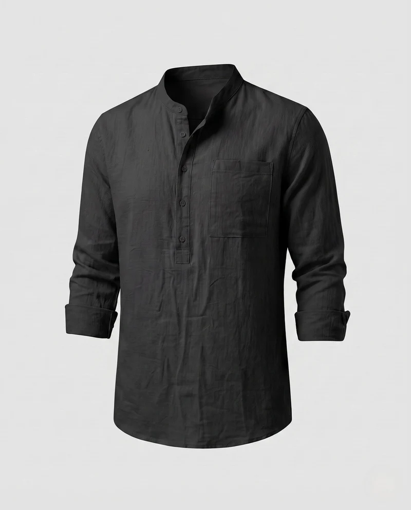 Herren Leichte Stehkragen Henley Shirt aus Leinenmischung mit Brusttasche Nord Taschen