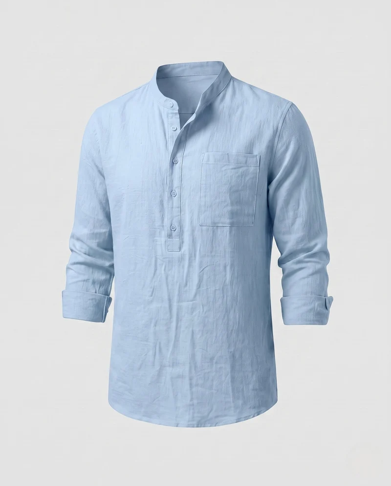 Herren Leichte Stehkragen Henley Shirt aus Leinenmischung mit Brusttasche Nord Taschen