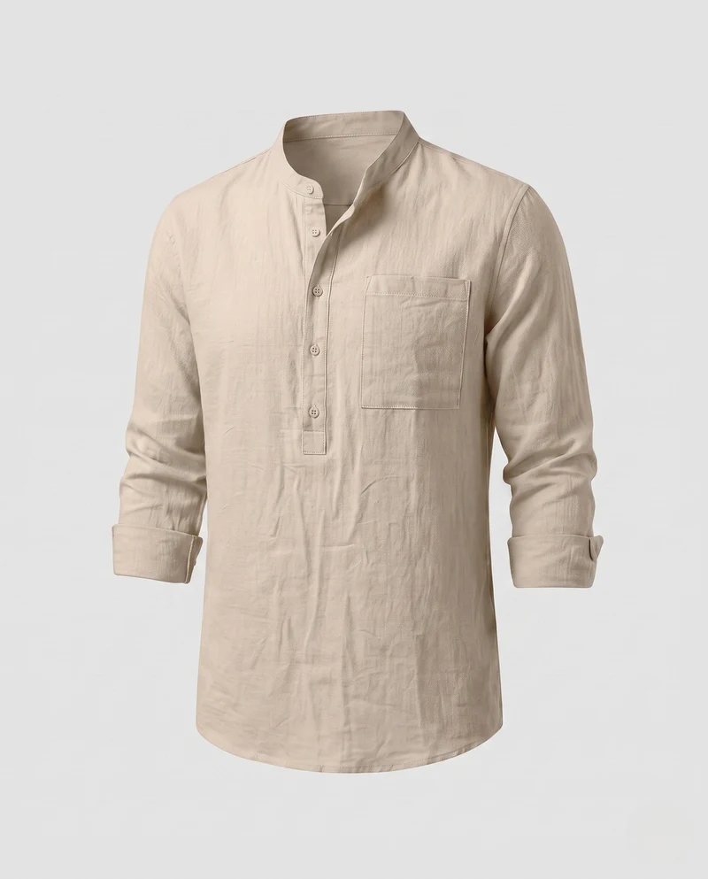 Herren Leichte Stehkragen Henley Shirt aus Leinenmischung mit Brusttasche Nord Taschen