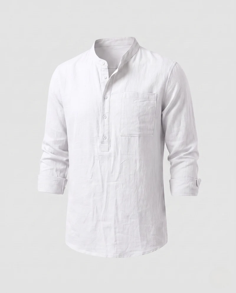 Herren Leichte Stehkragen Henley Shirt aus Leinenmischung mit Brusttasche Nord Taschen